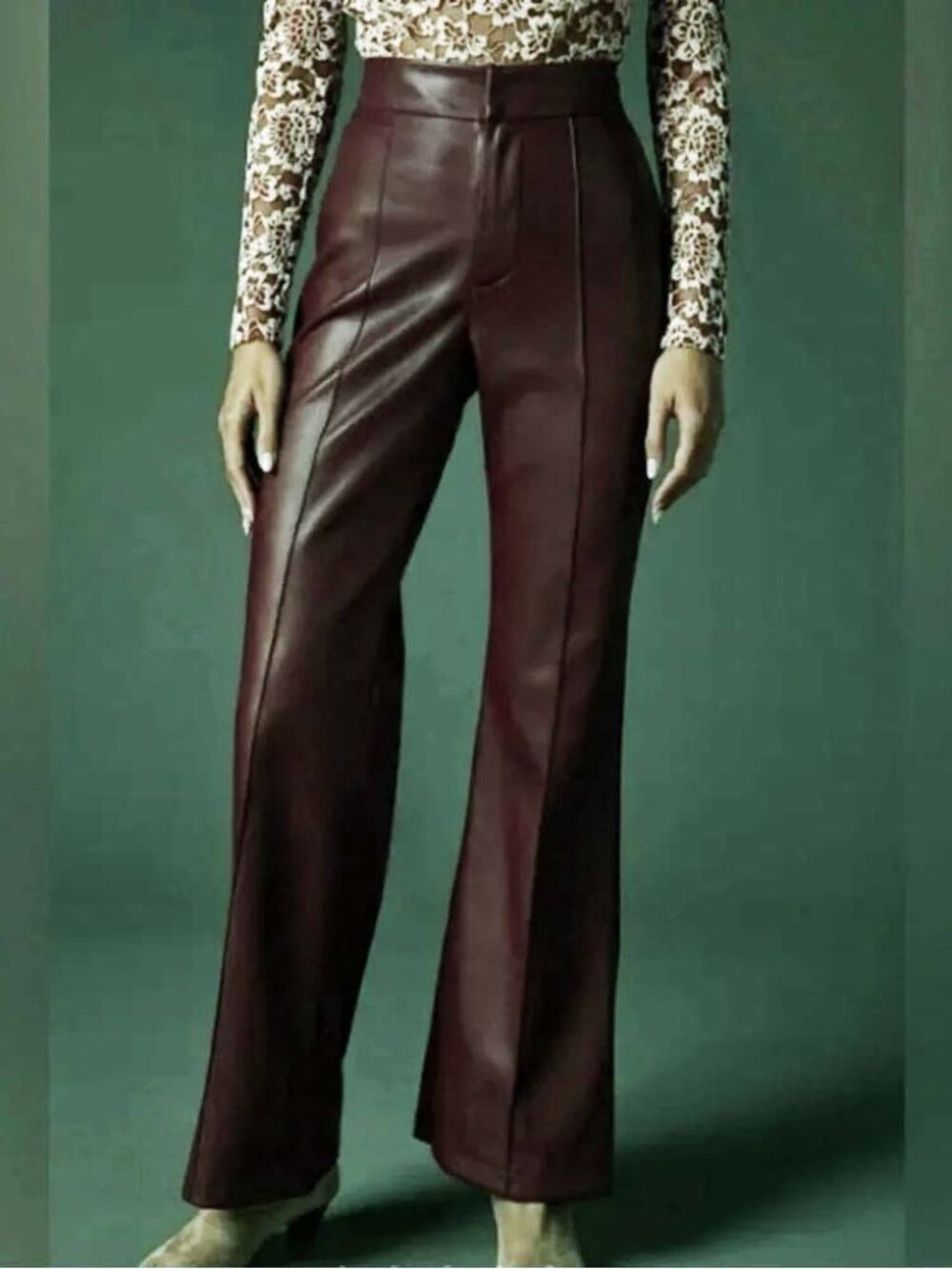 7 For All Mankind Chocolate Brown Faux Leather Pintuck Center Seam Flare Pants S